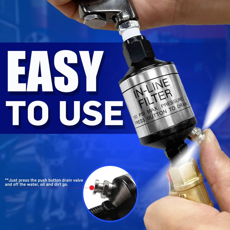 LE LEMATEC فاصل مياه وضاغط هواء LE LEMATEC مع صمام تصريف بزر ضغط، 1/4" NPT مزيل رطوبة متصل لمدفع طلاء HVLP، آلة الرمل، قاطع البلازما - AI303-C1 - Image 4